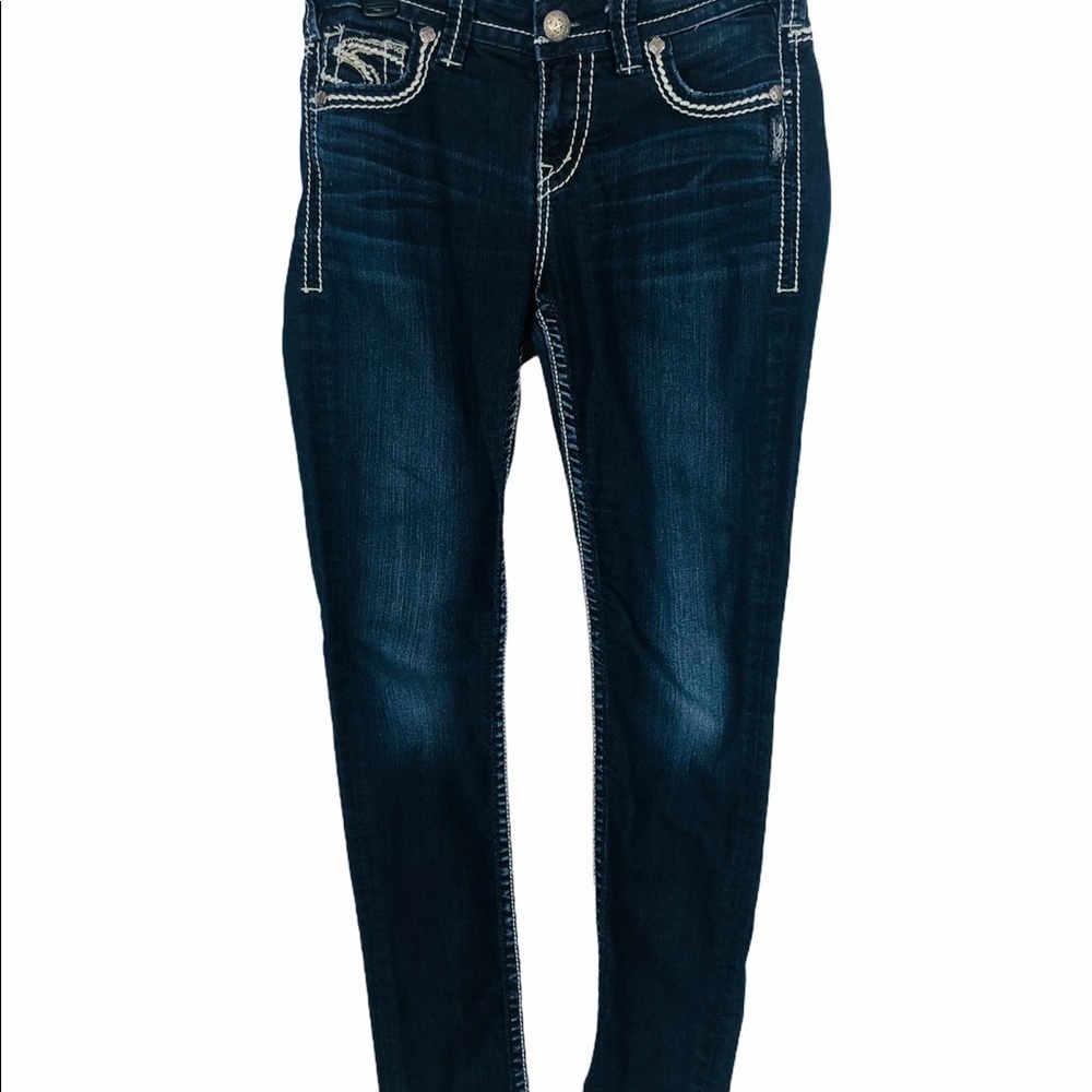 SILVER Women’s Blue Jeans Sz 1/2 SUKI Super Skinny Flaw loose stitching